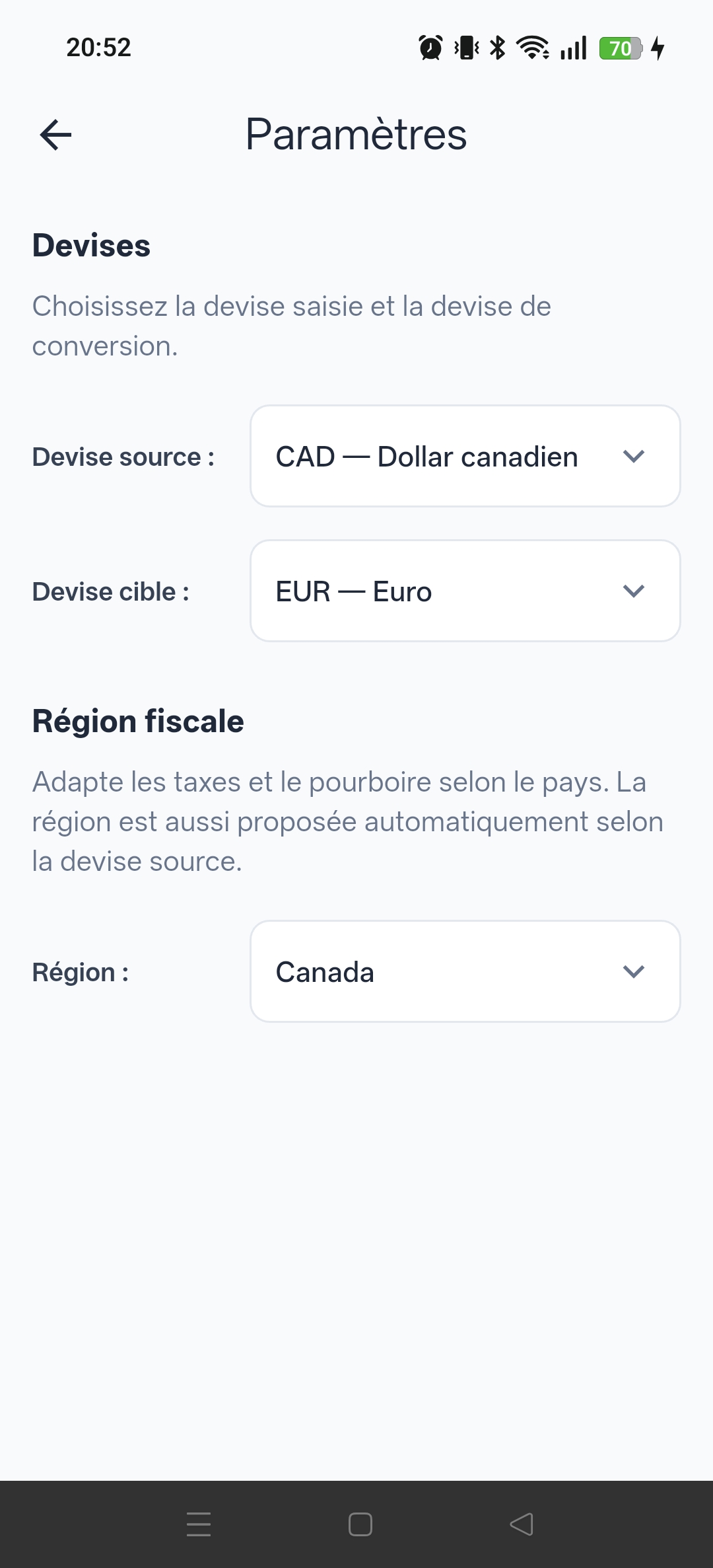 Ecran de taux de change Convertize